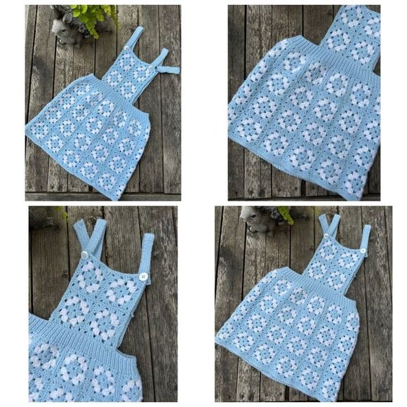 Vintage 70s Handmade Granny Square Bib Tank Dress Baby Blue & White - Picture 5 of 5